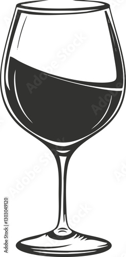 Stylized illustration of a wine glass with red wine on transparent background.