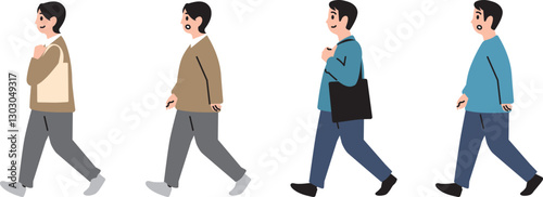 肥満男性と肥満女性が歩くシーンのイラストセット