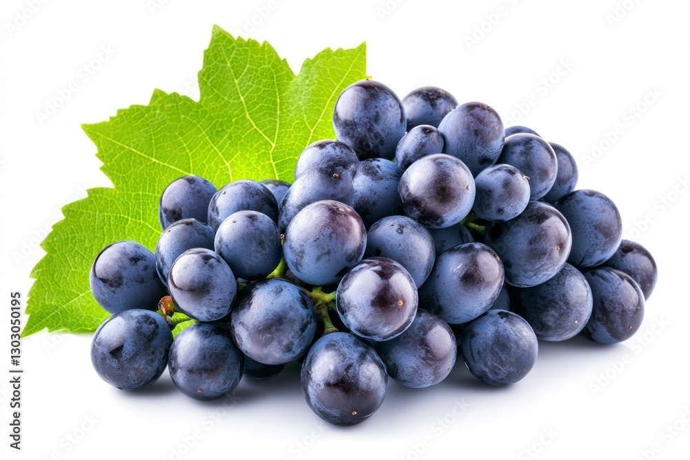 Fototapeta premium bunch of fresh blue grapes with leaves, isolated on a white background