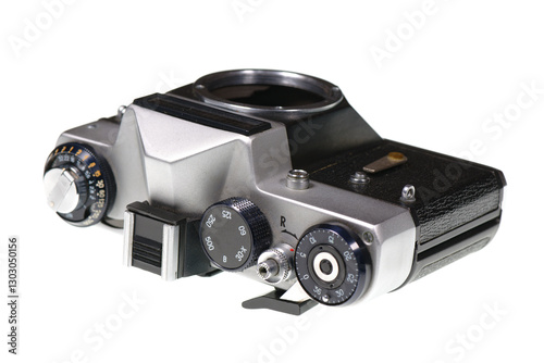 Vintage 35mm film camera without a lens isolated on white