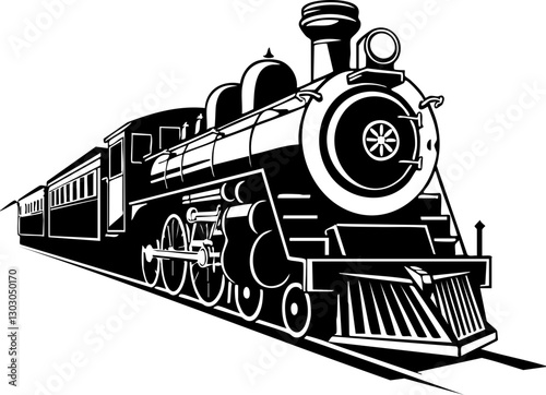 Black and White Vintage Train Vector: A detailed steam locomotive design perfect for transport themes, retro projects, or travel illustrations.