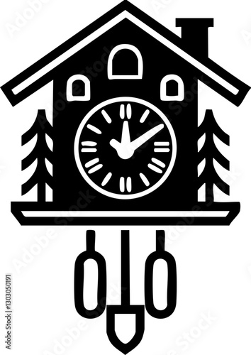 Vector illustration of a cuckoo clock in black and white, featuring trees, perfect for home decor designs and vintage themes.