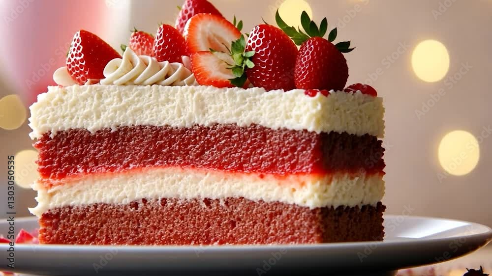 A beautifully layered strawberry cake on a white plate with festive bokeh lights in the background