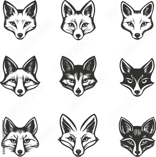 Collection of nine black and white fox head illustrations in vector style.