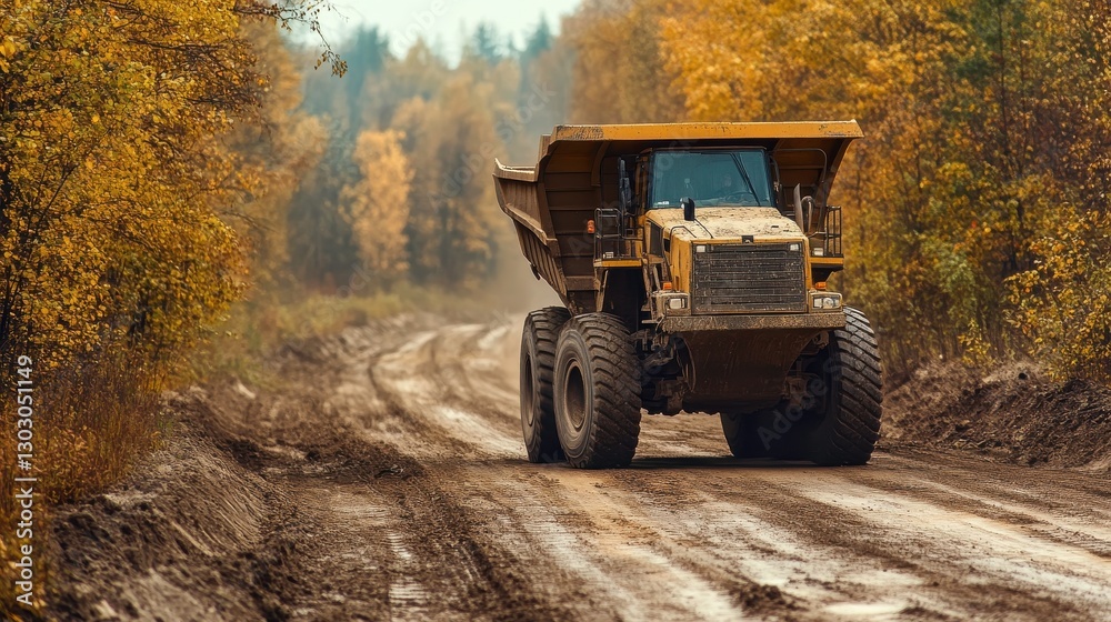 Obraz premium Heavy Machinery on Rural Road in Autumn Landscape