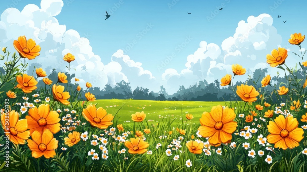 Obraz premium yellow flowers on sammer nature background,cartoon illustration