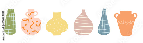 A set of abstract silhouettes of multi-colored vases with ornaments and drawings. Vector flat graphics.