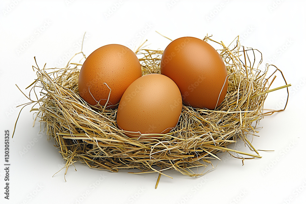 Fresh brown eggs nestled in straw create rustic farm scene. warm tones and natural materials evoke sense of simplicity and homeliness