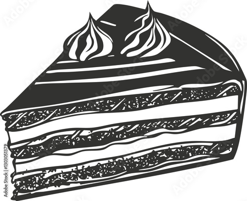 Black and white illustration of a layered cake slice with cream topping.