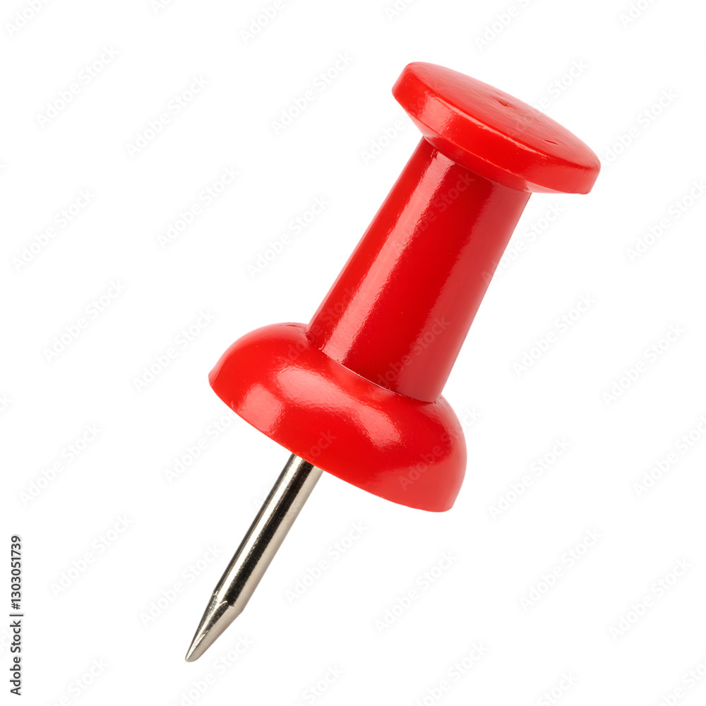 Close-Up of a Single Red Push Pin with a Sharp Metal Tip Isolated on a Transparent Background. Close-Up of a Single Red Push Pin with a Sharp Metal Tip Isolated on a Transparent Background.