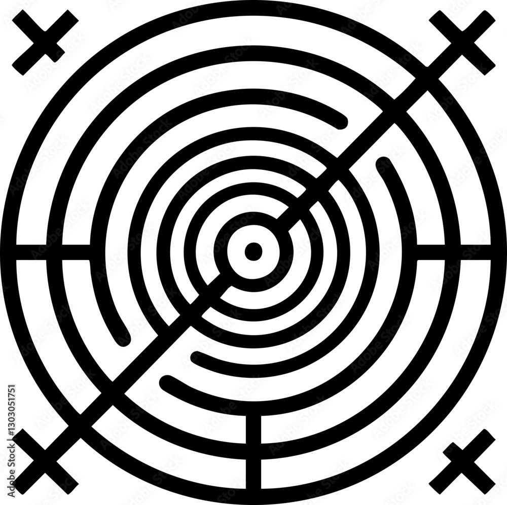 Black and white vector design featuring concentric circles, crosses, and a central target; ideal for modern graphics and logos. Black and white vector design featuring concentric circles, crosses, and a central target; ideal for modern graphics and logos.