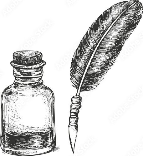 Vintage ink bottle and quill illustration in black and white sketch style.