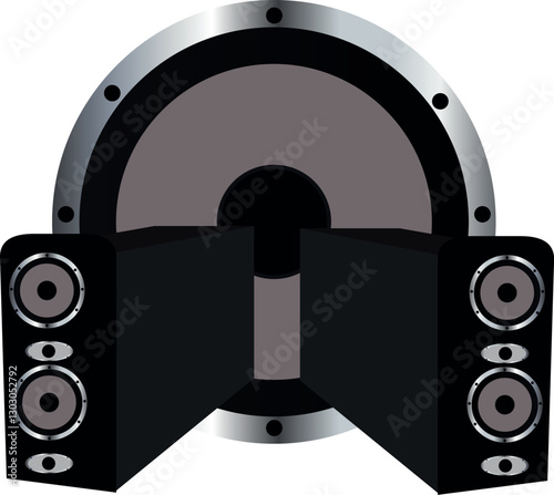 Set of different sound speakers, subwoofer icons, acoustic audio systems for concert or party equipment, home cinema stereo system. Realistic 3d vector illustration