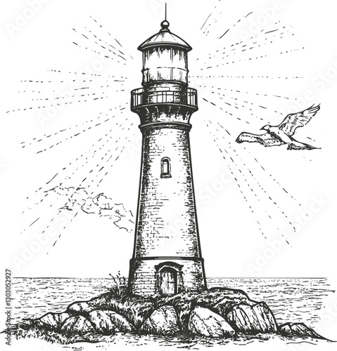 Vintage lighthouse illustration with seagull, ocean waves, and rocky coast.
