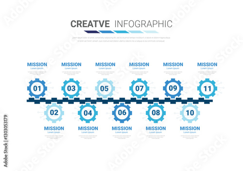 Industry presentation model with gears cogwheels 11 steps. Concept of coordinated work, mechanical process, functioning mechanism.