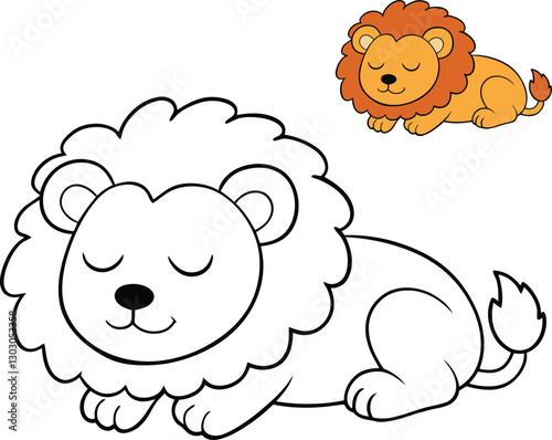 A cute cartoon lion peacefully sleeping on a grassy patch, with its paws tucked in, eyes closed, and a serene expression, perfect for a relaxing and fun coloring experience.