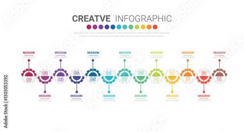 Gear infographics for presentation 13 steps. Cogwheel transmission connecting mechanical, Engineering tech progress business presentation start-up vector concept.