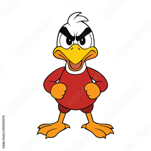 An angry duck mascot with flared feathers, a furrowed brow, and a bold stance, exuding fiery energy and determination, ready to make a statement and ruffle some feathers.