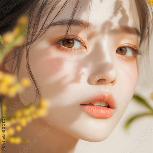 꽃에 둘러싸인 젊은 한국 여성의 꿈꾸는 듯한 클로즈업
