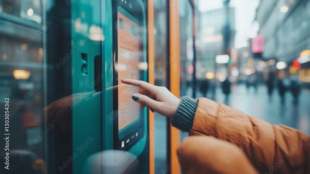 Naklejka premium person using digital kiosk in busy urban environment, showcasing modern technology and city life. scene captures interaction with touchscreen interface