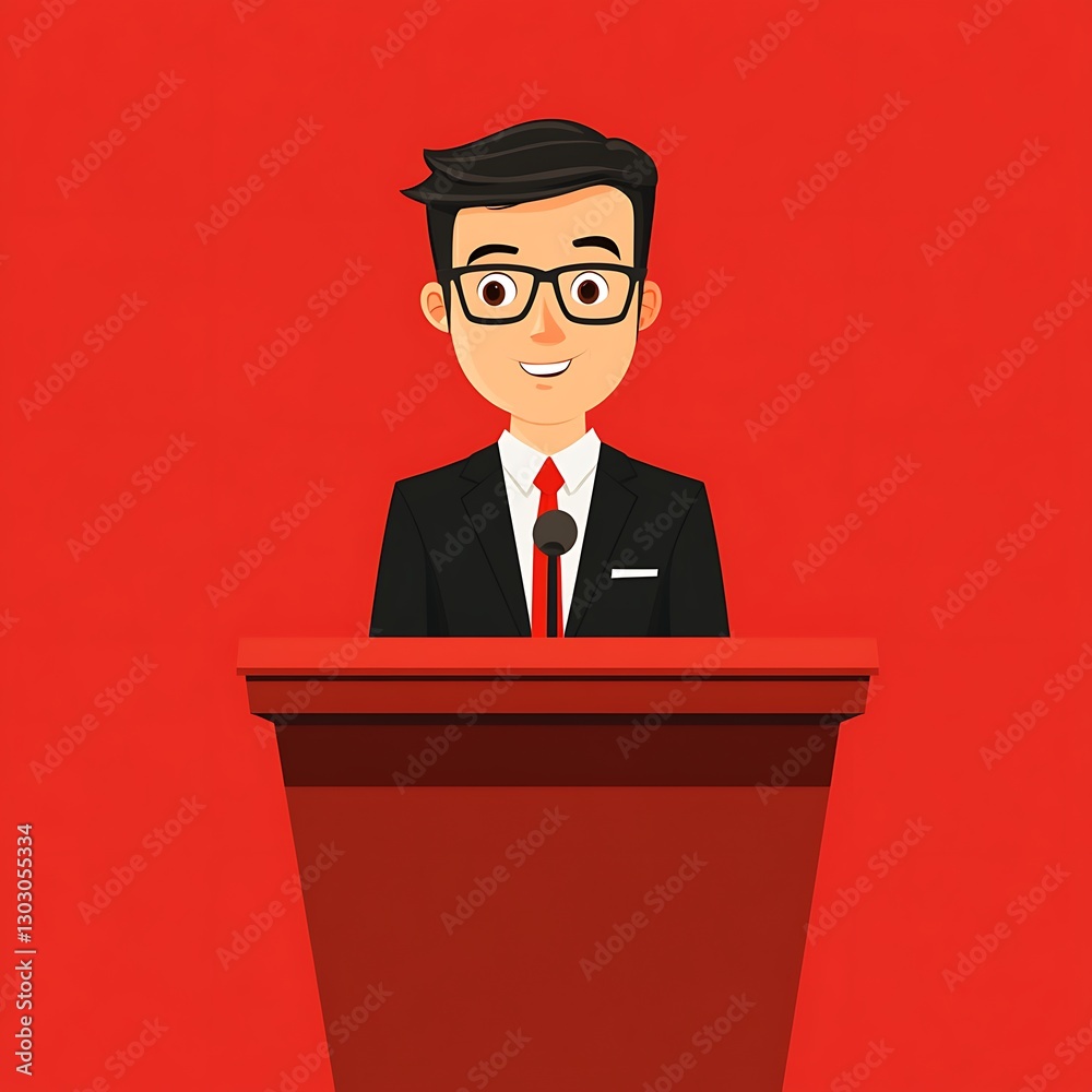 Orator Speaks at Podium, Red Backdrop, Character Orator Speaks at Podium, Red Backdrop, Character