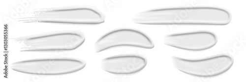 White cream swatches. Set of strokes of cosmetic product, creme, toothpaste, foundation, scrub, cleanser, liquid soap. Beauty industry. Realistic vector Illustration.