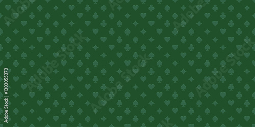 Poker green table background. Casino seamless pattern of playing card suits: hearts, spades, diamonds, and clubs. Playing field for game blackjack. UI interface element. Realistic vector illustration.