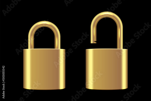Metallic locks set. Golden closed and open padlocks isolated on black background. Safety and security concept. House protection. Game icons. Realistic vector illustrations.
