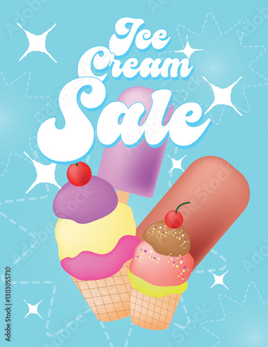 Ice cream sale advertisement with two delicious popsicles and sparkles
