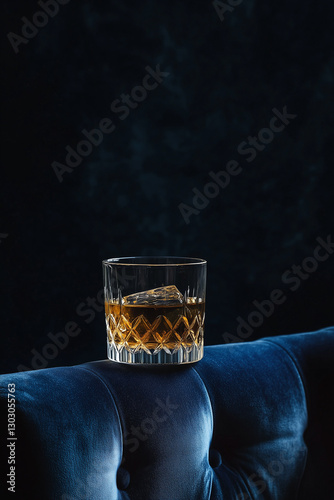 An image of a lonely, old-fashioned cocktail in its glass, sitting on top of a velvet navy blue armchair