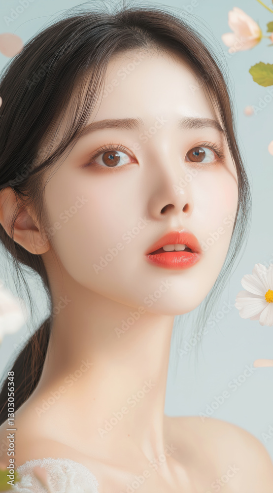 Naklejka premium 꽃에 둘러싸인 젊은 한국 여성의 꿈꾸는 듯한 클로즈업 