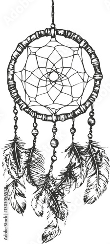 Black and white illustration of a dreamcatcher with feathers and web design.