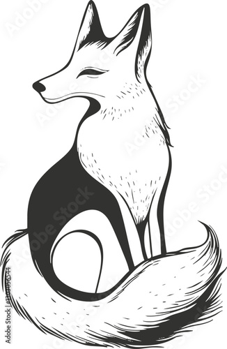 Stylized black and white illustration of a sitting fox with a bushy tail.