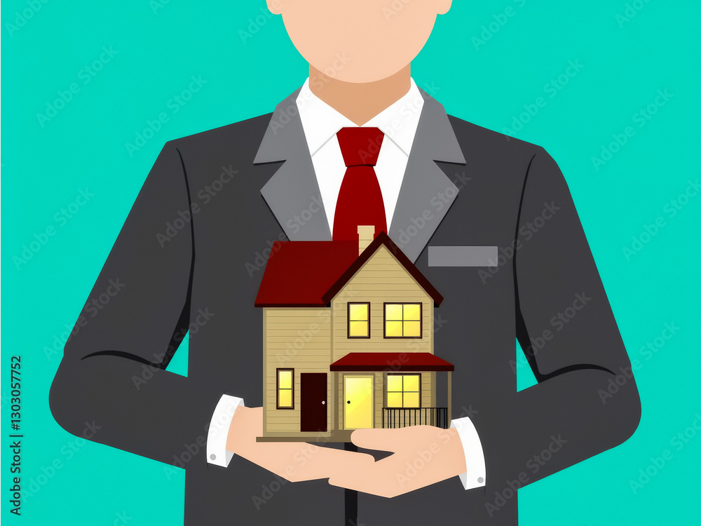 businessman in a suit carefully holding a small house model businessman in a suit carefully holding a small house model
