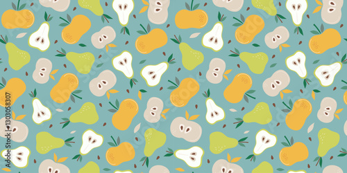 Seamless pattern. Apple, pear. Set of simple abstract fruits. Vitamin natural food, slices and whole fruits. Color flat illustration, vector graphics.