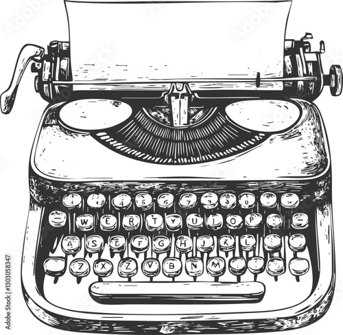 Vintage typewriter illustration with paper, showcasing classic mechanical design.
