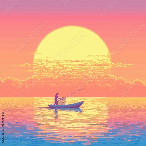 Pixel Art Tranquil Sunset Scene with Fisherman in Small Boat on Calm Waters