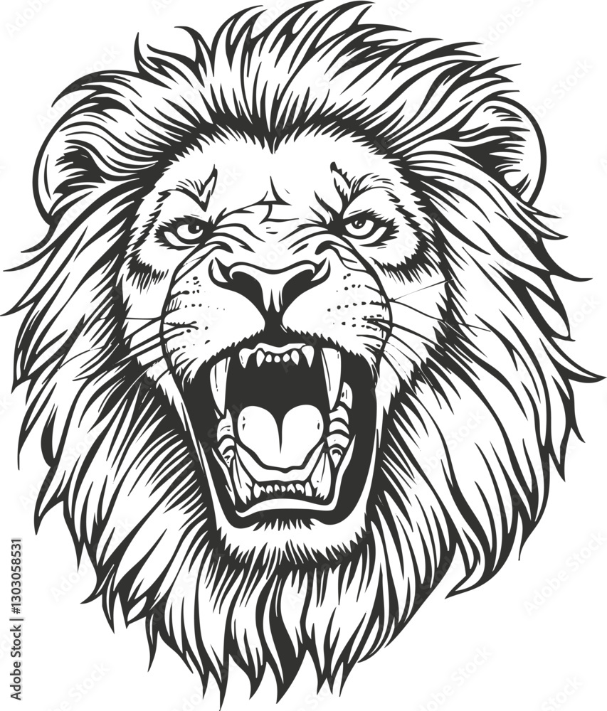 Fototapeta premium Detailed black and white illustration of a roaring lion's head.