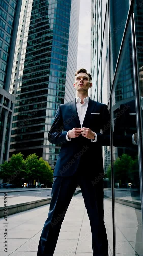 Confident businessman walking in modern urban landscape with reflective skyscrapers