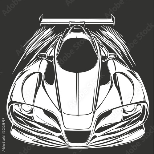 Stylized graphic illustration of a sleek racecar design in black and white.