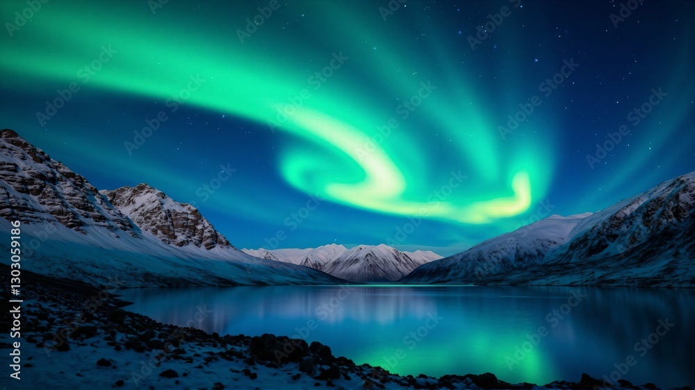 Naklejka premium Stunning Aurora Over Arctic Mountains – A Majestic Display of Winter's Natural Beauty Under a Starry Night Sky