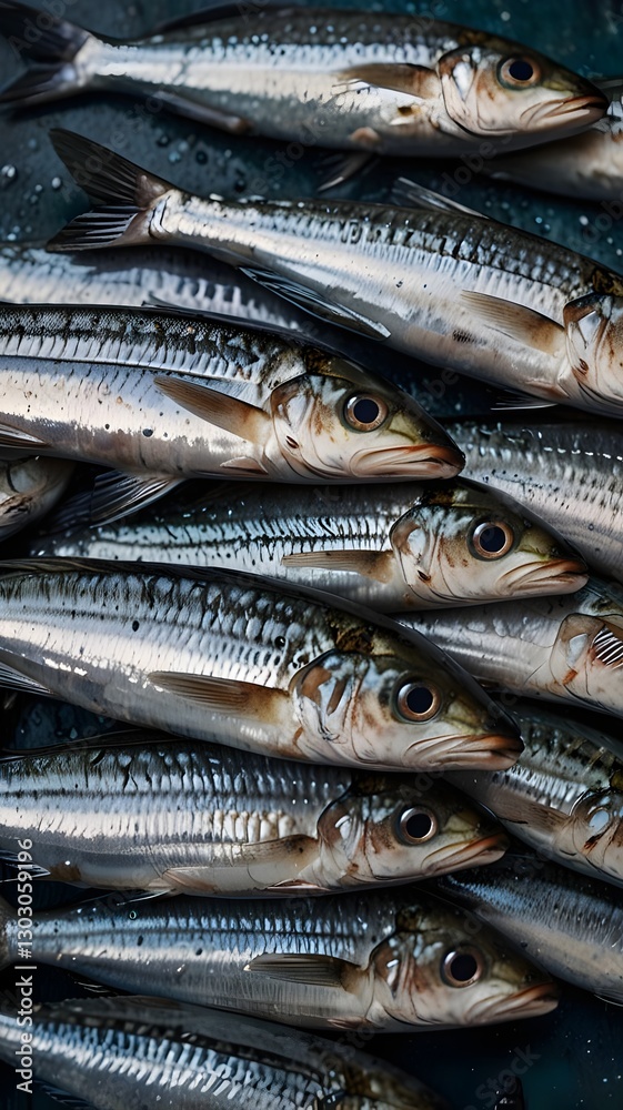 Fototapeta premium Fresh whole anchovies with silvery, glistening skin in a neat arrangement