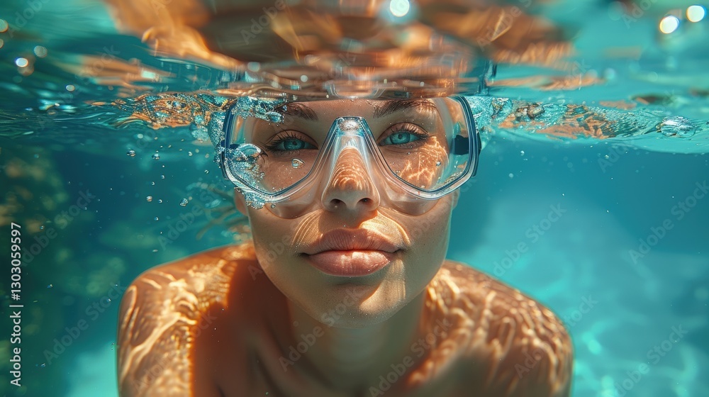 Naklejka premium Underwater Close-Up of Woman With Goggles in Clear Blue Ocean