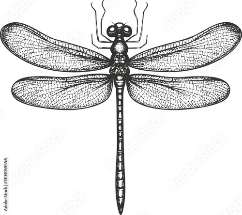 Detailed black and white dragonfly vector illustration with intricate wing patterns.