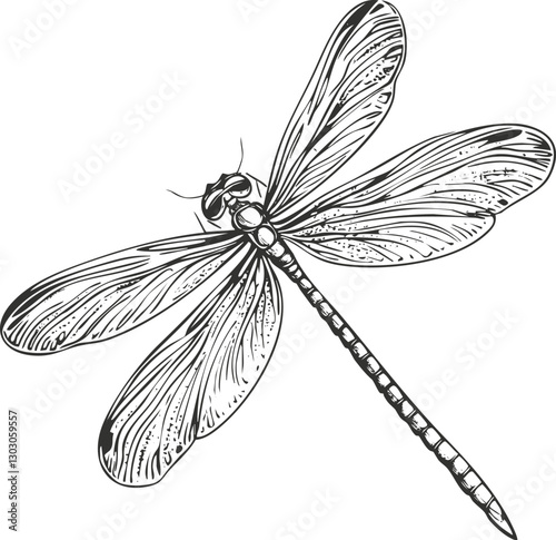 Detailed black and white illustration of a dragonfly with spread wings.