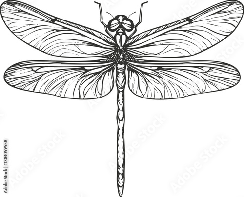 Detailed black and white dragonfly illustration with intricate wings.