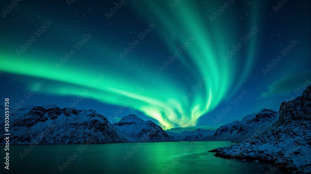 Fototapeta premium Stunning Aurora Over Arctic Mountains – A Majestic Display of Winter's Natural Beauty Under a Starry Night Sky