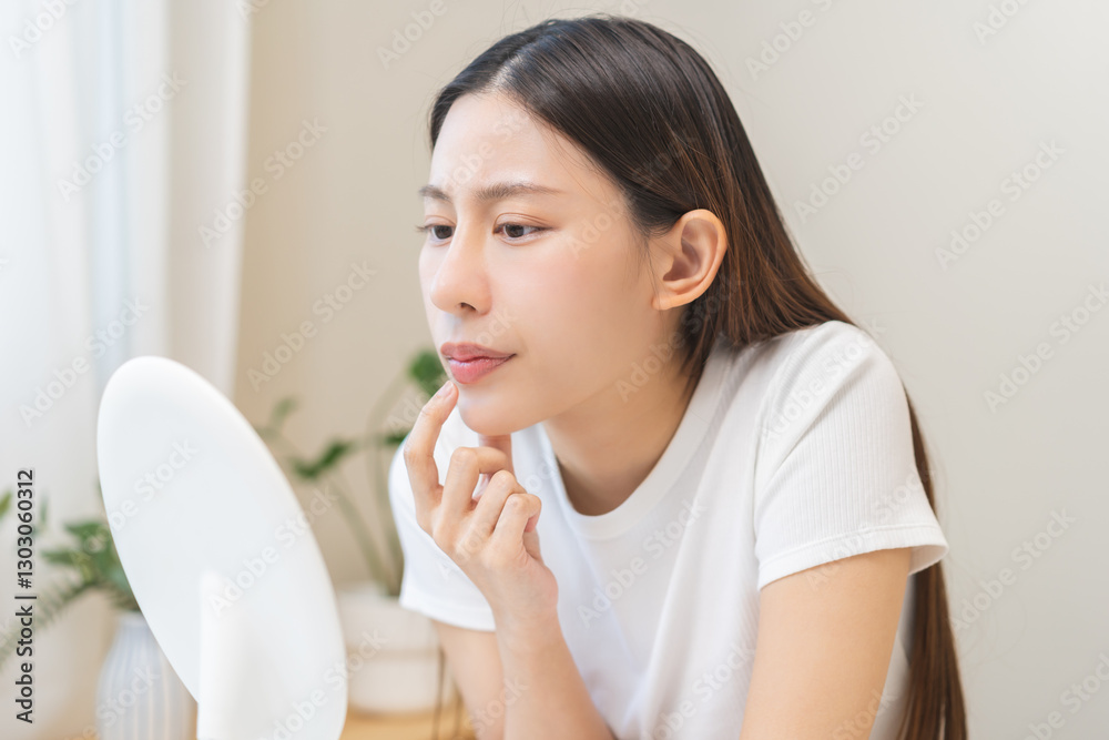 Lip care concept, worried asian young woman finger touching lips in front of mirror after applying lipstick balm on dry mouth from natural beauty product, skincare routine, makeup and cosmetics. Lip care concept, worried asian young woman finger touching lips in front of mirror after applying lipstick balm on dry mouth from natural beauty product, skincare routine, makeup and cosmetics.