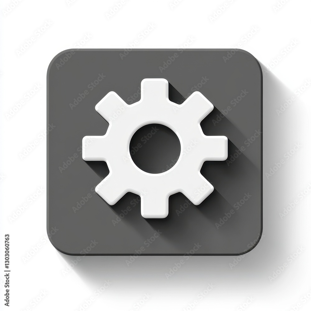 White gear icon on a dark gray square button, digitally rendered with a long shadow. Clean, simple, and modern design White gear icon on a dark gray square button, digitally rendered with a long shadow. Clean, simple, and modern design