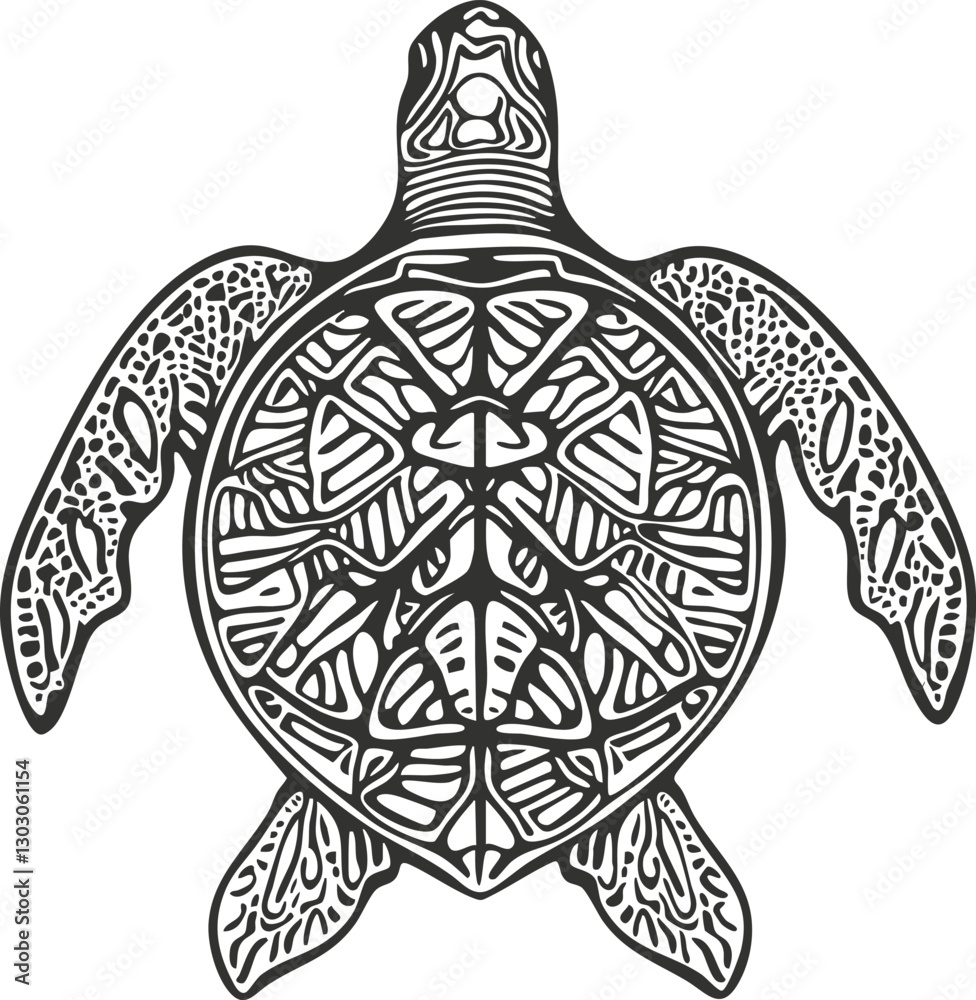 Naklejka premium Ornate black and white turtle illustration with intricate shell patterns.
